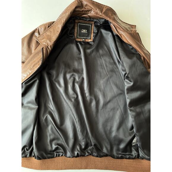 Obey Propaganda Faux Leather Bomber Jacket Men L Brown Collared Full Zipper - Picture 7 of 11